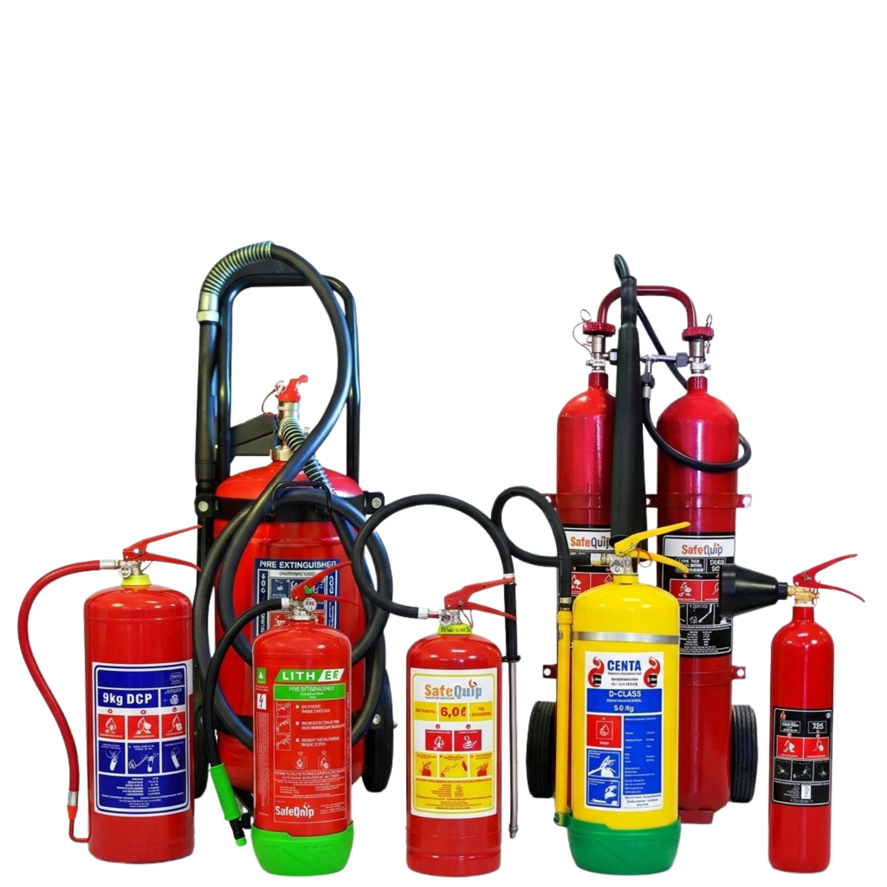 A selection of six different types of fire extinguishers displayed together against a white background, including red and yellow extinguishers of varying sizes. This variety represents the comprehensive fire safety solutions offered by SA Fire Group in Cape Town, South Africa, suitable for residential, commercial, and industrial applications. This includes powder, foam, and CO2 extinguishers.